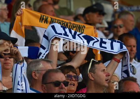 Norrkoping, Schweden, 24. Juni 2024: IFK Norrkoping Fans während des Spiels in der schwedischen Liga OBOS Damallsvenskan am 24. Juni 2024 zwischen IFK Norrkoping und IF Brommapojkarna in der Platinumcars Arena in Norrkoping, Schweden (Peter Sonander/SPP) Credit: SPP Sport Press Photo. /Alamy Live News Stockfoto