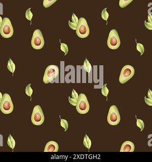 Nahtloses Muster reifer Avocadohälften und Blätter auf schwarzem Hintergrund. Kann für Textildrucke in der Küche und für Verpackungsdesign verwendet werden. Stockfoto