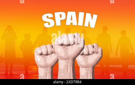 Spanien, Fanunterstützung, Fäuste hochgezogen, Flaggenfarben Stockfoto