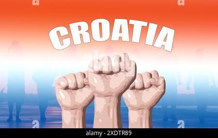 Kroatien, Fanunterstützung, Fäuste hochgezogen, Flaggenfarben Stockfoto