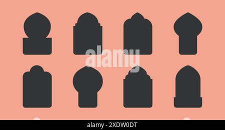Moderne islamische Fenster im orientalischen Stil, Bogen, Bogen, Tor, Laterne. Ramadan und eid mubarak Vektorillustration. Marokkanischer orientalischer Rahmen. Stock Vektor