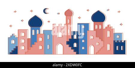 Arabische Stadtlandschaft. Abstrakte muslimische marokkanische, saudische Altstadt im Osten, Medina. Linienvektormoschee, Gebäude, Häuser Formen für Karte, Banner. Stock Vektor