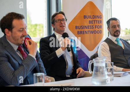 Brentwood Essex 24. Juni 2024 WahlkampfHustings, Brentwood Essex mit Alex Burghart, Konservative, Gareth Barrett, Labour, Paul Godfrey, Reformpartei, David Kendall, Liberaldemokraten, und Robin Tilbrook, englischer Demokrat, Quelle: Ian Davidson/Alamy Live News Stockfoto