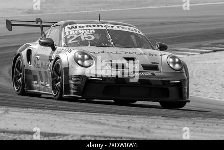 22. Juni 2024 Monterey, CA, USA Competition Motorsportfahrer Luke French fuhr während des Firestone Grand Prix des Monterey Porsche Challenge Race 2 auf dem WeatherTech Raceway Laguna Seca Monterey, CA Thurman James/CSM aus Kurve 5 Stockfoto