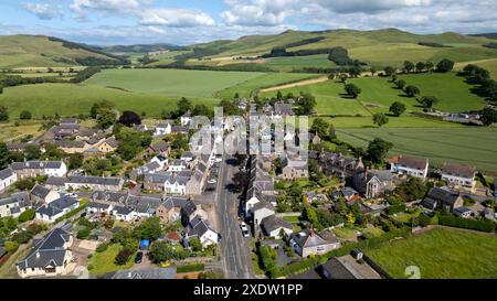 Moreattle Village aus der Vogelperspektive, Scottish Borders Region, Schottland. Stockfoto