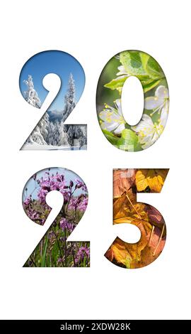 Nummer 2025 von Four Seasons Fotos für Kalender, Flyer, Poster, Postkarte, Banner. Vertikales Bild. Stockfoto