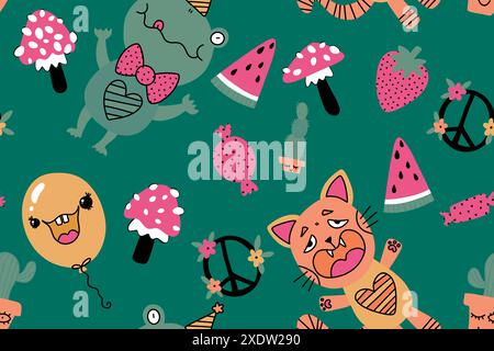 Cartoon-Geburtstagstiere nahtlose Frösche und Katzen und Erdbeeren- und Wassermelonen- und Pilzmuster für Verpackungspapier und Stoffe und Bettwäsche und Kinder Stockfoto