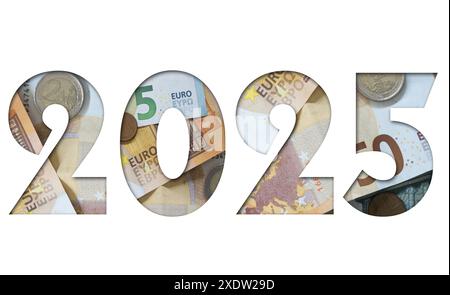 Jahr 2025 mit der Struktur von Euros, European Money, Business oder Finance Collage Konzept Stockfoto