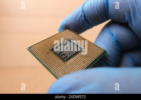 Technisches Personal, das eine CPU oder einen Mikroprozessor hält. Stockfoto
