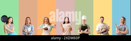 Collage glücklicher Menschen, die Schürzen auf farbigem Hintergrund tragen Stockfoto