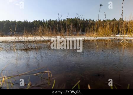 Die eisbedeckte Oberfläche des Flusses in der Wintersaison, das Wasser gefrorenen im Fluss während der Fröste der Wintersaison Stockfoto