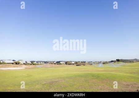 Sprinkler bewässern grünen Rasen in Wohngegend an sonnigen Tagen, Kopierraum Stockfoto