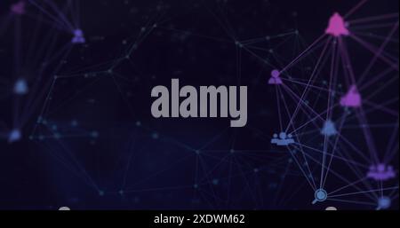 Bild des Netzwerks von Verbindungen und der Globe digitaler Symbole, die sich vor schwarzem Hintergrund drehen Stockfoto