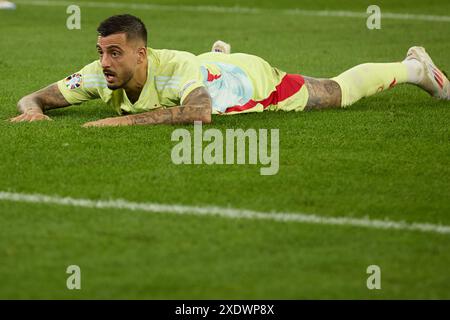Düsseldorf, Deutschland. Juni 2024. Joselu von Spanien reagiert beim Gruppenspiel der UEFA Euro 2024 zwischen Spanien und Albanien am 24. Juni 2024 in Düsseldorf. Quelle: Meng Dingbo/Xinhua/Alamy Live News Stockfoto