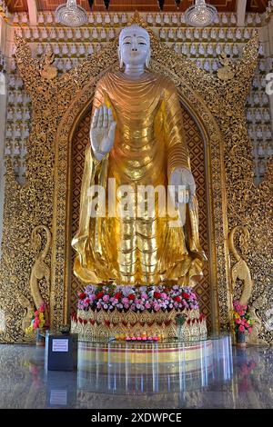 Nahaufnahme des 8,2 m langen Standing Buddha-Bildes mit dem Abhaya Mudra im Dhammikarama Burmese Tempel, Penang, Malaysia Stockfoto