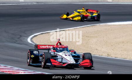 23. Juni 2024 Monterey, CA, USA Team Penske Fahrer will Power of Australia(12)kommt aus Kurve 11 beim Firestone Grand Prix von Monterey IndyCar warm Up auf dem WeatherTech Raceway Laguna Seca Monterey, CA Thurman James/CSM Stockfoto