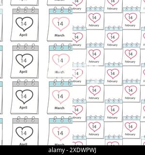 Nahtlose Muster Datum des Valentinstag, Weißer und Schwarzer Tag 14. Februar, 14. März und 14. April. 2er-Set. Isolieren. EPS. Vektor für Tapeten, Verpackung, Web, Poster, Banner, Karten, Etikett oder Preis Stock Vektor