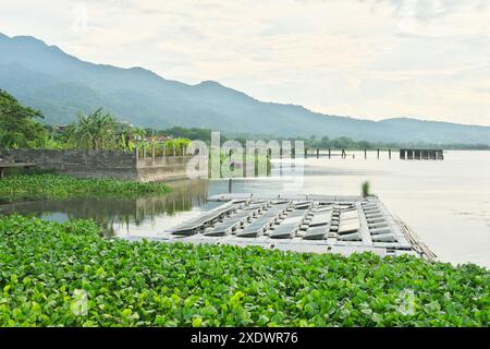 Los Banos, Laguna, Philippinen - 19. Juni 2024: Solarpaneele, die an einem Teil des Laguna Sees oder der Laguna de Bay in Los Banos, Laguna, schwimmen. Stockfoto