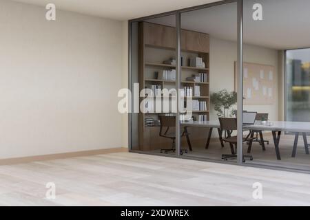 Die Inneneinrichtung eines modernen Bürokorridors vor dem Tagungsraum ist mit Parkettboden und weißer Wand ausgestattet. Arbeitsplatzkonzept, 3D-Rend Stockfoto