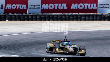 23. Juni 2024 Monterey, CA, USA Rahal Letterman Lanigan Racing Fahrer Graham Rahal (15) aus den Vereinigten Staaten kam aus Kurve 11 während des Firestone Grand Prix von Monterey IndyCar warm Up auf dem WeatherTech Raceway Laguna Seca Monterey, CA Thurman James/CSM Stockfoto