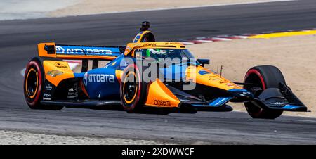 23. Juni 2024 Monterey, CA, USA Fahrer Nolan Siegel(6), der aus Kurve 5 beim Firestone Grand Prix von Monterey IndyCar warm Up auf dem WeatherTech Raceway Laguna Seca Monterey, CA Thurman James/CSM herauskam Stockfoto