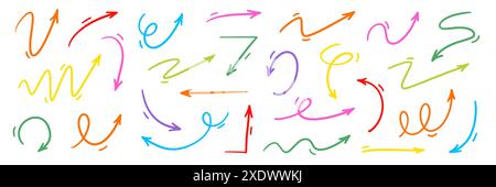 Pfeilvektor handgezeichnete Skizze Symbolsatz. Kritzelskizze handgezeichnetes Elementset für die Farbrichtung. Grafische Designelemente mit Farbkritzelung. Pfeil nach links, rechts, Wachstumsrichtung. Vektorabbildung Stock Vektor