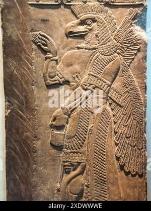 Eine antike Reliefskulptur der assyrischen Gottheit Nisroch, auch bekannt als Ninurta oder Ningirsu, ausgestellt im British Museum in London, England. Stockfoto