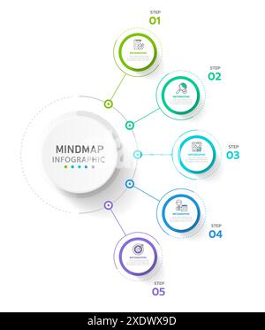 Infografikvorlage für Unternehmen. 6-stufiges modernes Mindmap-Diagramm mit Kreisen Themen, Präsentationsvektor-Infografik. Stock Vektor