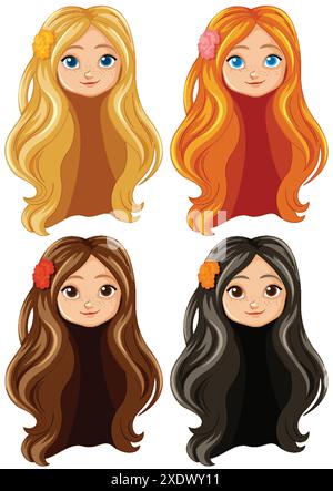 Vier Hippie-Mädchen mit verschiedenen Haarfarben Stock Vektor