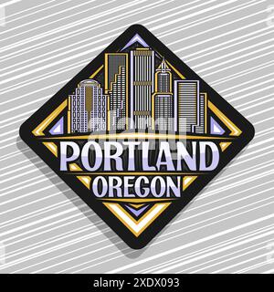 Vektor-Logo für Portland, schwarzes dekoratives Rautenschild mit Linienillustration der zeitgenössischen portland Stadtlandschaft, Kunstdesign-Kühlschrankmagnet Stock Vektor