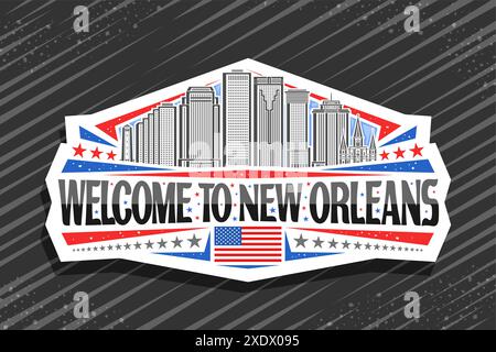 Vektor-Logo für New Orleans, weißes dekoratives Abzeichen mit Linie Illustration der berühmten Panorama-Stadt Landschaft auf Tag Himmel Hintergrund, Kunst Design Kühlschrank Stock Vektor