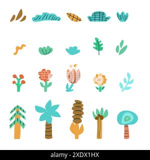 Set mit niedlichen Blumenelementen für Kinder. Tropischer und skandinavischer Baum, Blume, Pflanzensammlung. Palmen und weihnachtsbaum in kindlichem Stil. Naives Doodle Stock Vektor