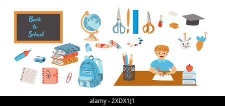 Kinder liefern niedliche Elemente der Grundschule. Schultasche, Anhänger, Kugel, Bleistifte und Bücher, Notizen für Aufkleber, Scrapbooking. Kindergarten fl Stock Vektor