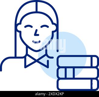 Eine junge Frau in Hemd und Büchern. Intellektuelle Leser, Online-Bibliothek, Bildung und Stipendien. Pixel Perfect Vektor-Symbol Stock Vektor