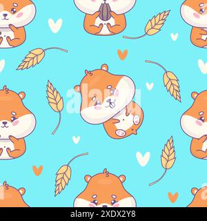 Nahtloses Muster mit niedlichem Cartoon-Hamster auf blauem Hintergrund mit Spikelets. Vektorabbildung. Lustige Kawaii-Tierfigur. Kinderkollektion Stock Vektor
