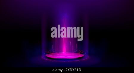 3D-Techn-Hologramm-Podium oder Lichtportal-Plattform. Spielbühne in Pink Neon. HUD-futuristischer Teleport mit Fantasy-Glow-Effekt. Cyber Casino Design mit rundem Basiselement zur Produktpräsentation Stock Vektor