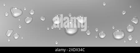 Wassertropfen auf nasse Oberfläche. Vektor-realistische Illustration von Kondensat, Tau, kosmetischem Gel, Serum, Öltröpfchen, Hautpflegemittel, transparente Flüssigkeitsblasen, Design-Elemente für Dusch- oder Badezimmerwände Stock Vektor