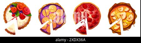 Geschnittene Obst- und Gemüsekuchen von oben, isoliert im Hintergrund. Vektor-Karikaturillustration von Stücken hausgemachter Apfel, Kirsche, Zitronentorte, Geburtstagskuchen dekoriert mit Creme Blumen, Menü Icons Stock Vektor