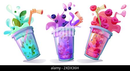 Spritzwasser-Bubble-Tee-Set isoliert auf weißem Hintergrund. Vektor-Karikaturillustration von kühlen boba-Getränken mit frischer Minze, Heidelbeere und Himbeere Spritzen, während Plastikbecher fällt, Café-Menü-Ikonen Stock Vektor