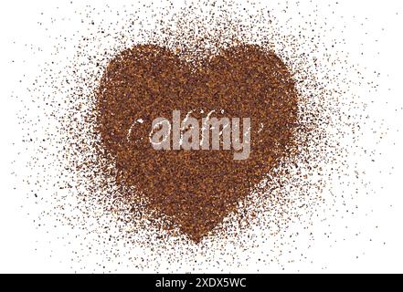 Das Wort Kaffee wird mit zerstreutem Pulver geschrieben. Text aus Kaffee- oder Schokoladenpulver, das Staubpartikel in Herzform fliegt. Zerkleinertes Granulat von Stock Vektor