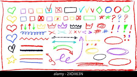 Bunte Unterstrich Bleistift handgezeichnet verschiedene Ellipsen, Satzzeichen, Richtungszeiger, Pfeile, Sterne, Fragezeichen und Ausrufezeichen Stock Vektor