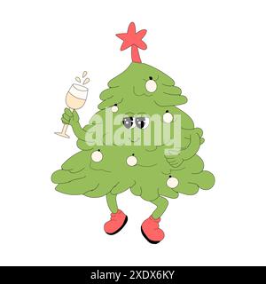 Weihnachten und Happy New Year groovige Weihnachtsbaumfigur isoliert. Maskottchen für Winterferien. Retro-Hippie-Charakter im 60er, 70er, y2k-Stil mit lustigem groo Stock Vektor