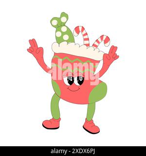 Weihnachten und Happy New Year groovige Socken Charakter isoliert. Maskottchen für Winterferien. Retro-Hippie-Charakter im 60er, 70er, y2k-Stil mit lustigem groovigem x Stock Vektor