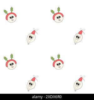 Happy New Year-Muster mit y2k-Elementen. Groovige Charakterhintergründe mit weihnachtsmann, Schneeball, Weihnachtsbaum, Geschenken. Weihnachtliches, grooviges Hippie-Muster mit R Stock Vektor