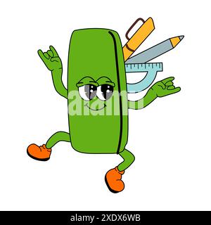 Schulbedarf für Kinder - Zeichentrick-Bleistiftetui, Stiftebox im Retro-Groovy-Stil. Lustiges Maskottchen für die Ausbildung zurück zur Schule Banner, Cover Design, Poster o Stock Vektor