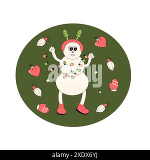 Weihnachtliches grooviges Banner mit Zeichentrickfiguren. Weihnachten quadratischer Hintergrund. Bannervorlage für frohe Weihnachten und Happy New Year. Groovige y2k-Zeichen und Stock Vektor