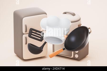 Cartoon-Stil Küchengerät und Küchengeschirr, 3D-Rendering. 3D-Abbildung. Stockfoto