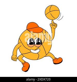 Schulbedarf für Kinder – Basketball im Retro-Stil. Lustiger Maskottchen-Sportball für Bildung zurück zur Schule Banner, Cover Design, Poster Stock Vektor