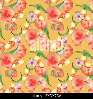 Aquarell flache Pfirsiche mit nahtlosen Blättern und Blüten isoliert auf Orange. Obst- und Blumenmuster bemalt. Chines Feigenpfirsiche handgezeichnet Stockfoto