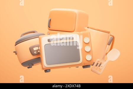 Küchengerät im Cartoon-Stil, 3D-Rendering. 3D-Abbildung. Stockfoto